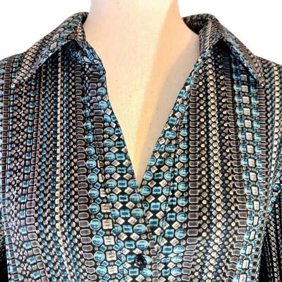 APT. 9 Micro Pleated Button Down Long Bell Sleeves Print Gray Plus Size 2X - Picture 2 of 12